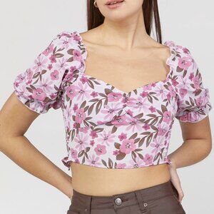 Forever 21 Floral Ruched Puff Sleeve Crop Top Pink – S